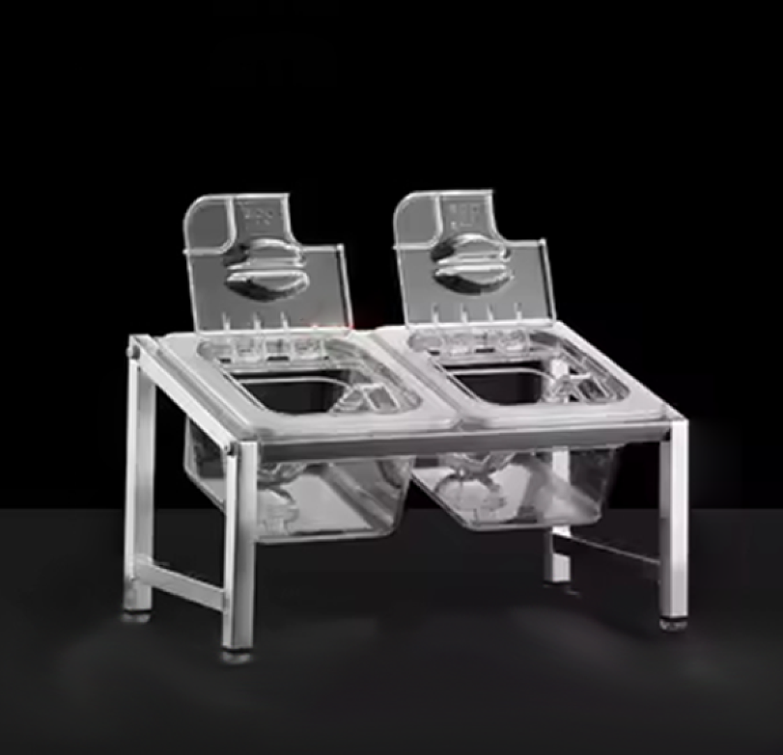 Estante inclinada para 2 recipientes plásticos transparentes 10cm altura com tampa e colheres