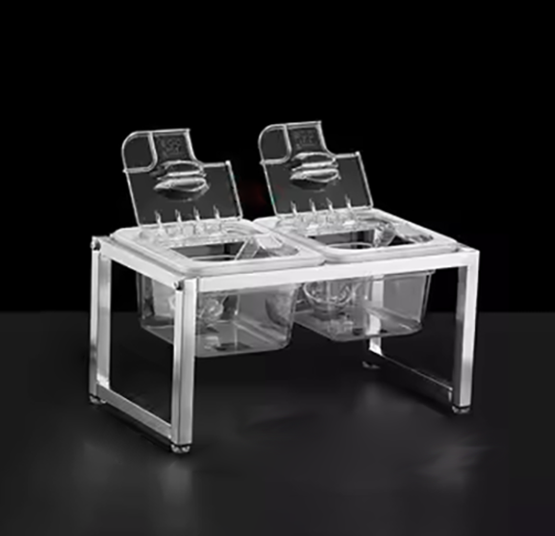 Estante para 2 recipientes plásticos transparentes 10cm altura com tampa e colheres