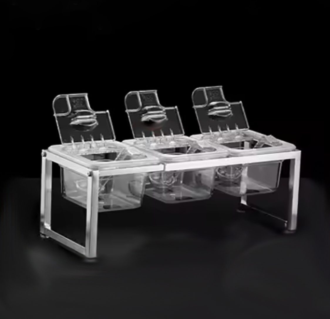 Estante para 3 recipientes plásticos transparentes 10cm altura com tampa e colheres