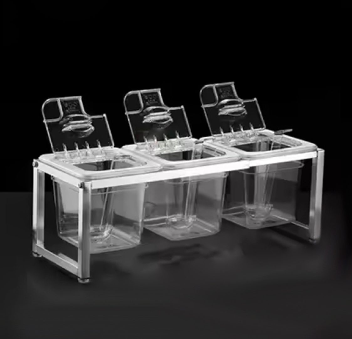 Estante para 3 recipientes plásticos transparentes 15cm altura com tampa e colheres