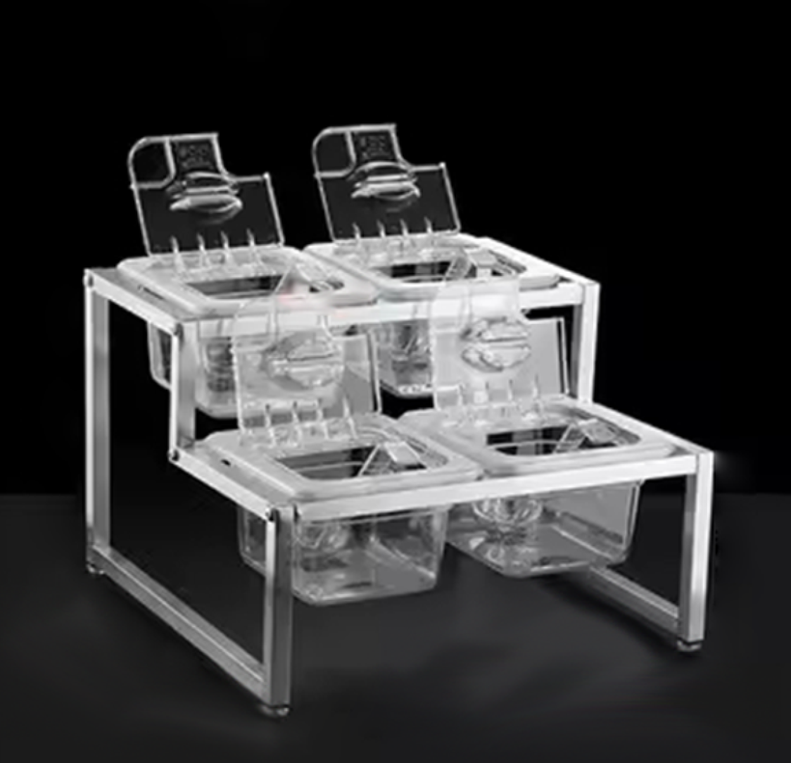 Estante para 4 recipientes plásticos transparentes 10cm altura com tampa e colheres