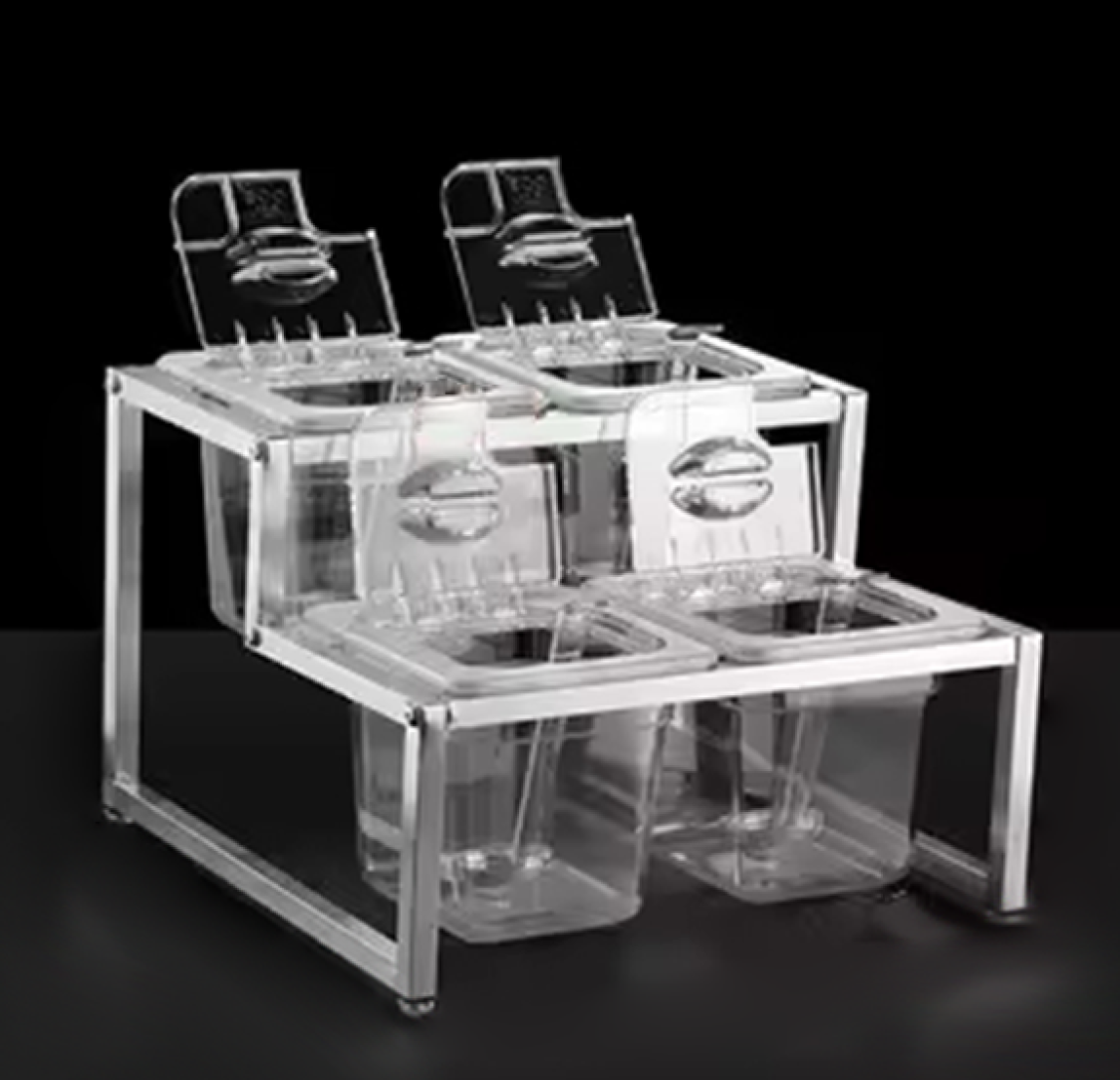 Estante para 4 recipientes plásticos transparentes 15cm altura com tampa e colheres