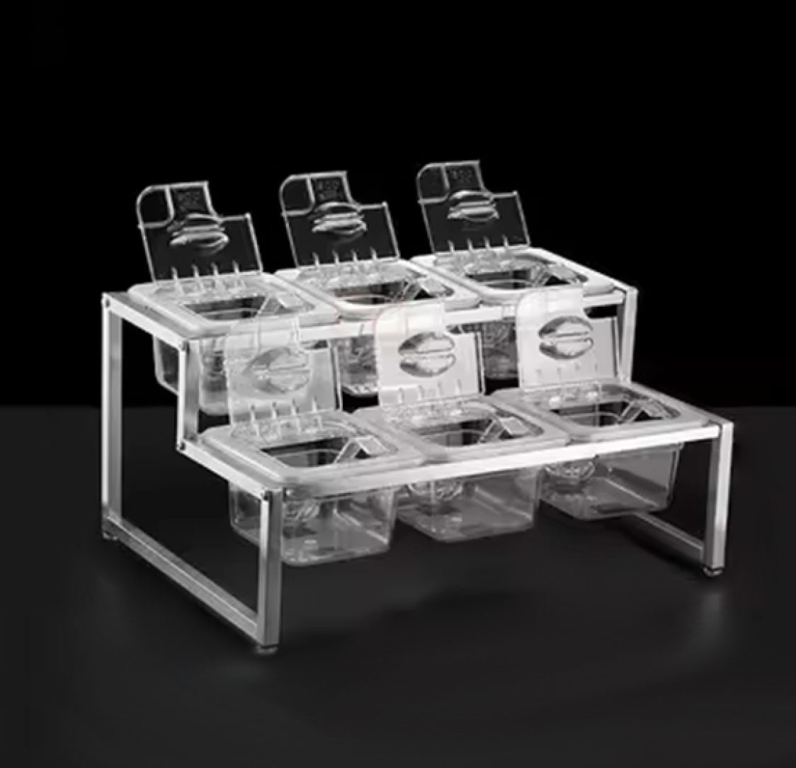 Estante para 6 recipientes plásticos transparentes 10cm altura com tampa e colheres