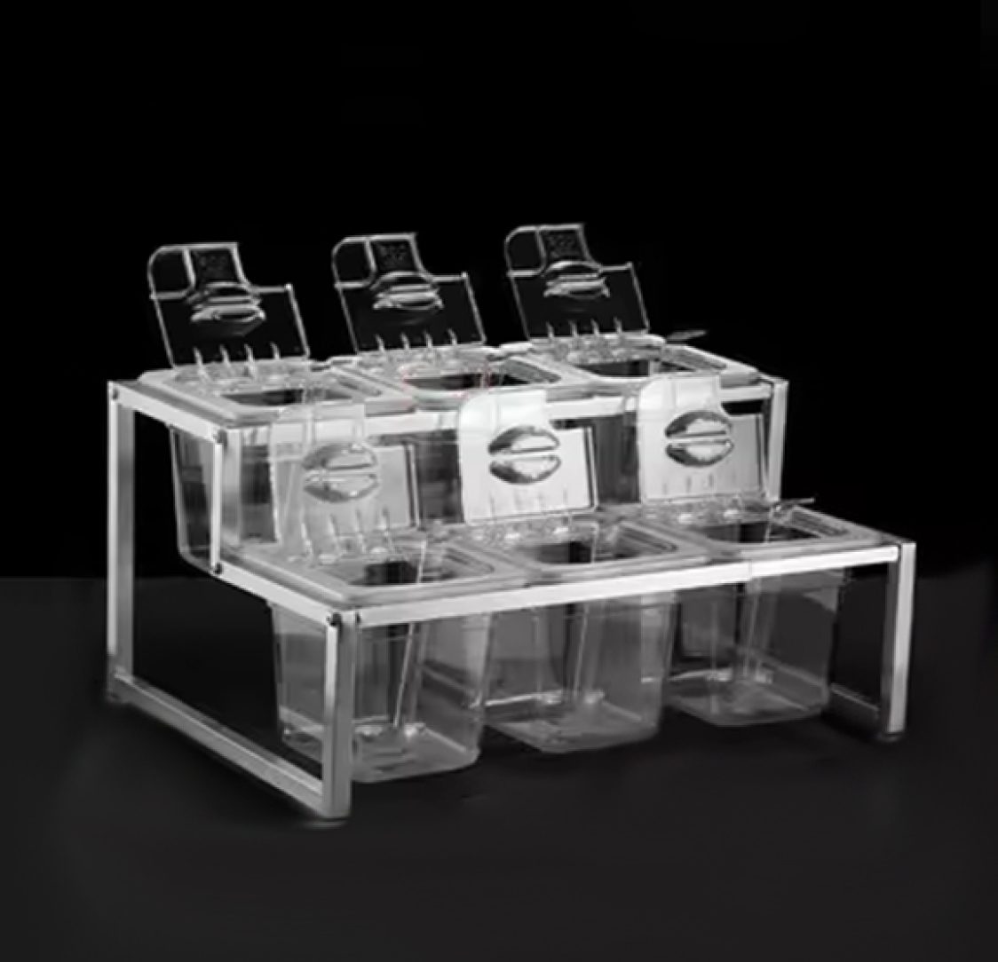 Estante para 6 recipientes plásticos transparentes 15cm altura com tampa e colheres