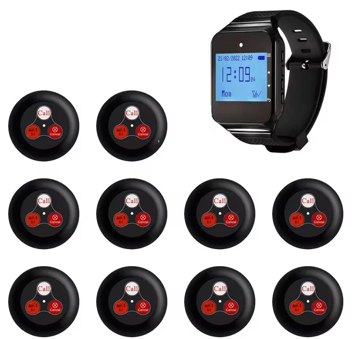 Sistema de chamada para restaurante / Beeper / Pager, 10 discos e 1 relógio transmissor, alcance 200m