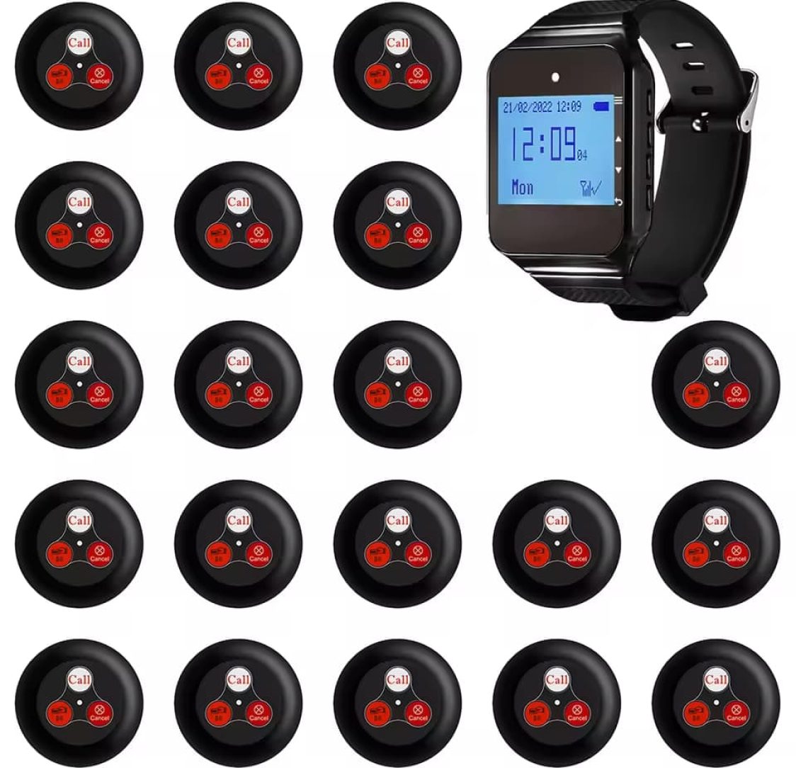 Sistema de chamada para restaurante / Beeper / Pager, 20 discos e 1 relógio transmissor, alcance 200m