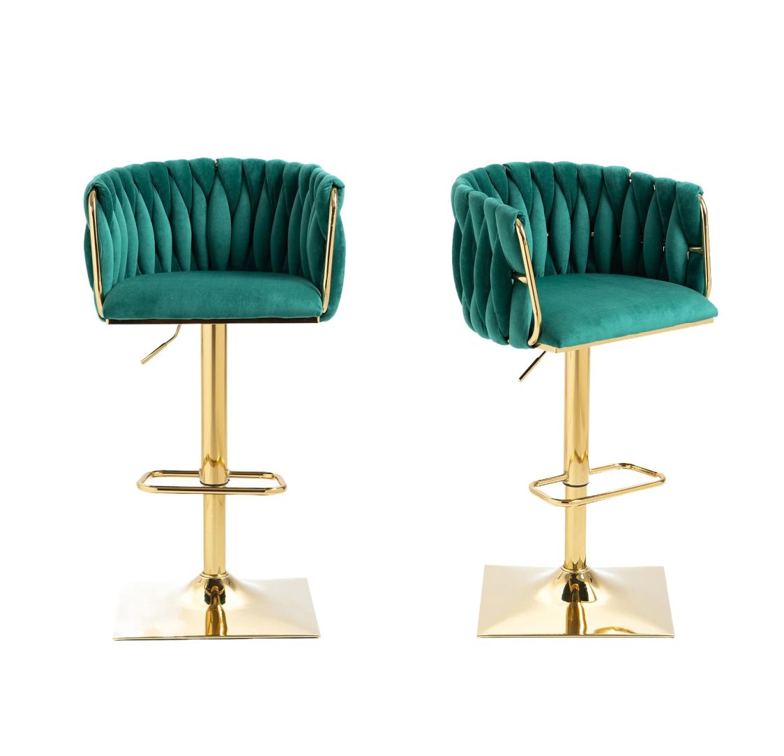 Conjunto de 2 Bancos de Bar Verde Acolchoados com Pernas Douradas