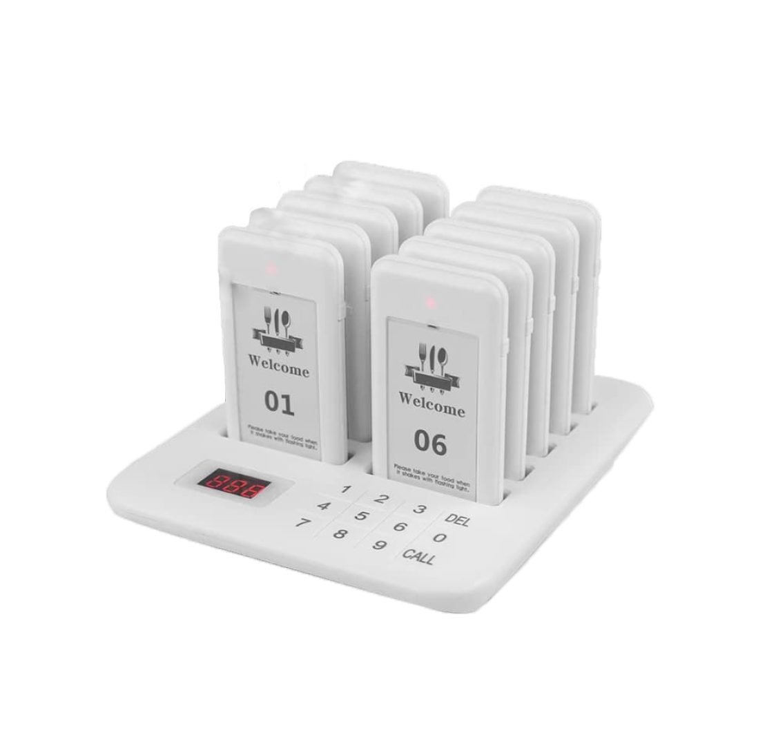 Sistema de chamada para restaurante / Beeper / Pager Branco com 10 discos e 1 base transmissora, alcance 300m