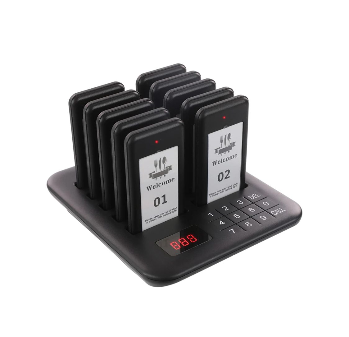 Sistema de chamada para restaurante / Beeper / Pager Preto com 10 discos e 1 base transmissora, alcance 300m