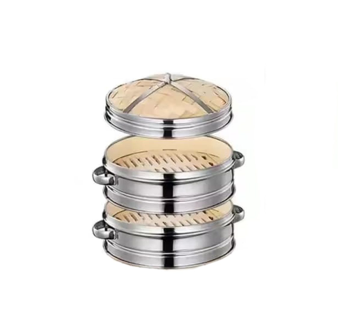 2 Camadas de Panela a Vapor Ø22cm com Tampa em Aço Inoxidável e Bambu