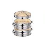 2 Camadas de Panela a Vapor Ø18cm com Tampa em Aço Inoxidável e Bambu
